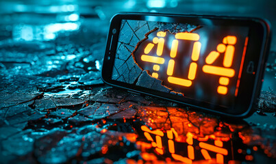 Cracked smartphone screen displaying a 404 error message, symbolizing a broken digital link or failed connection on a dark, textured background - obrazy, fototapety, plakaty