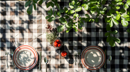 A top view of a picnic table with plates, cutlery, and glasses casting playful shadows on a checkered tablecloth.