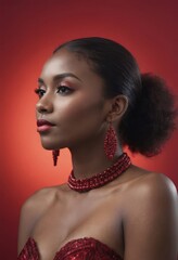 African american woman with red hair and red earrings is standing in front of a red background