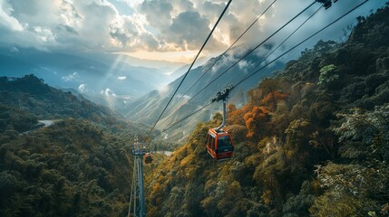 Capture the beauty of cable cars traversing steep mountain landscapes - obrazy, fototapety, plakaty