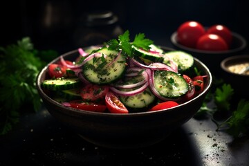 a bowl of salad with cucumbers and tomatoes - obrazy, fototapety, plakaty