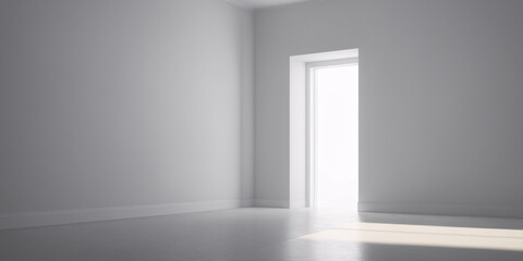 White is pure empty a room with a door that emits light