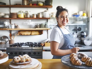 happy latina woman standing in kitchen