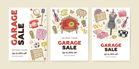 Vector set of garage promotional sale vertical web banner, poster or flyer with hand drawn vintage furniture and interior design elements. Garage sale concept illustration