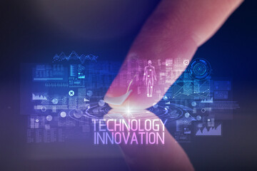 Finger touching tablet with web technology icons concept