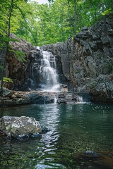 Fototapeta na wymiar Professional Photography of a Pristine Waterfall Cascading Down Rocky Cliffs Surrounded by Dense Foliage, Generative AI