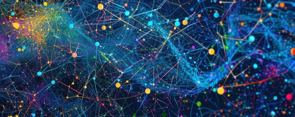 Digital technologies: flow of important information and visualization of big data. Abstract futuristic blue background with interweaving of colored dots and lines - obrazy, fototapety, plakaty