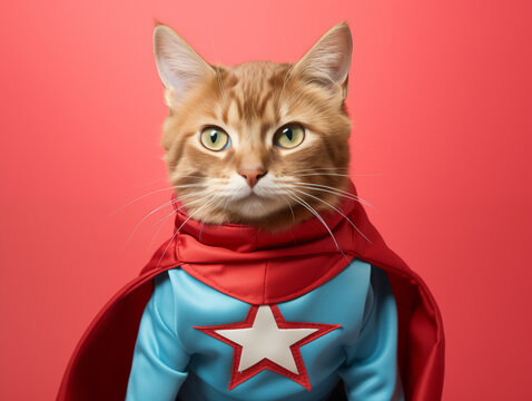Fun cat superhero. Pets. Zooclinic, veterinary. Hotel for animals. Kitten Superpet.