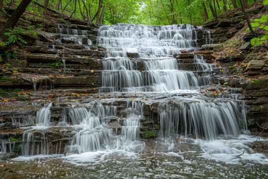 Professional Photography of a Pristine Waterfall Cascading Down Rocky Cliffs Surrounded by Dense Foliage, Generative AI