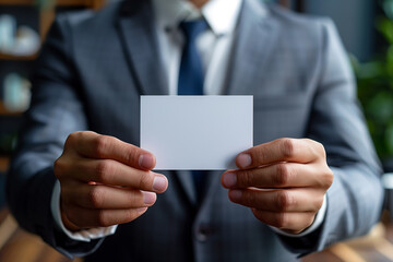 A businessman showing a blank white card, perfect for mockup
