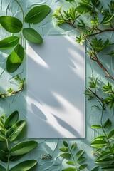 A blank white greeting card mockup, tastefully adorned with green leaves