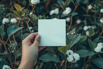 A hand gracefully holds a blank white card in front of white flowers and lush green leaves - Powered by Adobe