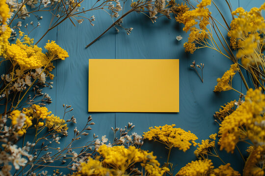 A bright yellow card rests on a cool blue concrete background, framed by cheerful yellow flowers.