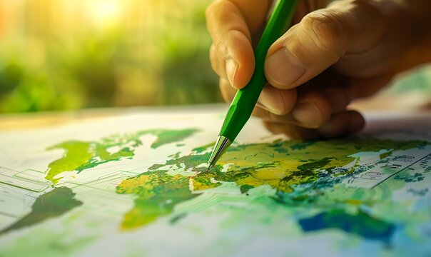 Mapping Sustainable Practices, A Hand-Detailed Green Supply Chain on World Map