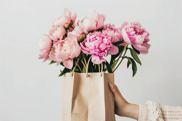 Beautiful pink peonies in paper bag in woman hand