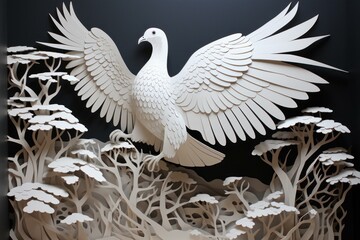 Artistic Paper cut pigeon fly. Religion world. Generate Ai