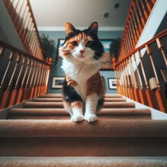 Domestic cat sits on the household stairs

