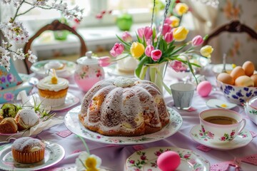 Traditional easter cake. Spring cherry blossom and colorful painted eggs. Person decorates cake with hand. Dishes on table. Mugs of tea