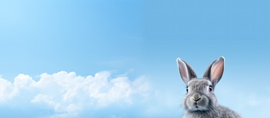 A terrestrial animal, the rabbit, sits in front of a natural landscape of grassland under an electric blue sky with fluffy cumulus clouds, creating a happy and serene event