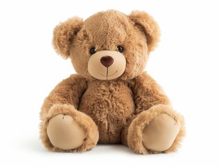 A cute, soft teddy bear with a friendly expression sits against a white backdrop, symbolizing comfort and childhood memories.