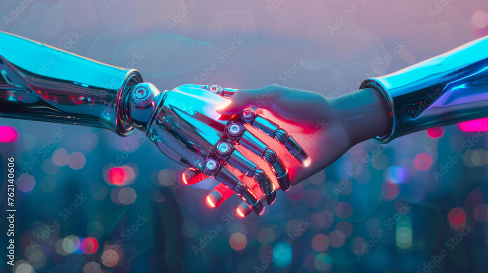 Poster this vivid image features two robotic hands initiating a handshake amidst a backdrop of entrancing n