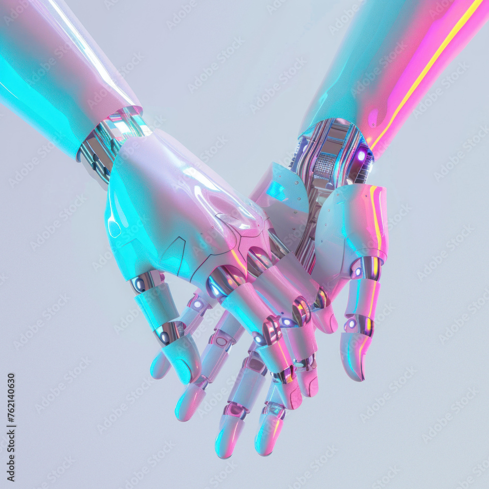 Poster an image depicting intertwined robotic hands with a multicolored finish, symbolizing connection and 