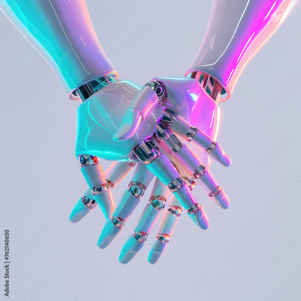 Poster a digital art image showcasing two robot hands with a shiny surface reflecting rainbow colors, symbo