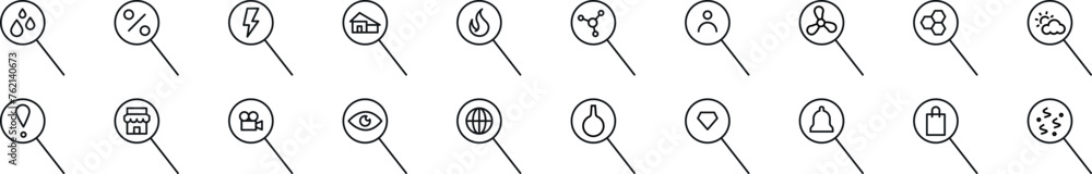 Poster collection of thin line icons of items in magnifying glass. editable stroke. simple linear illustrat