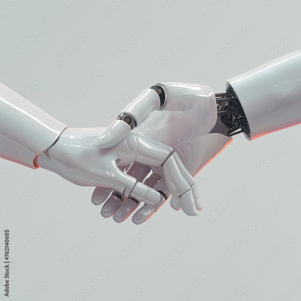 Poster an intimate portrayal of two robots participating in a gentle handshake with a soft backdrop