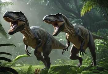 Primeval Predators: T-Rex and Velociraptor Encounter