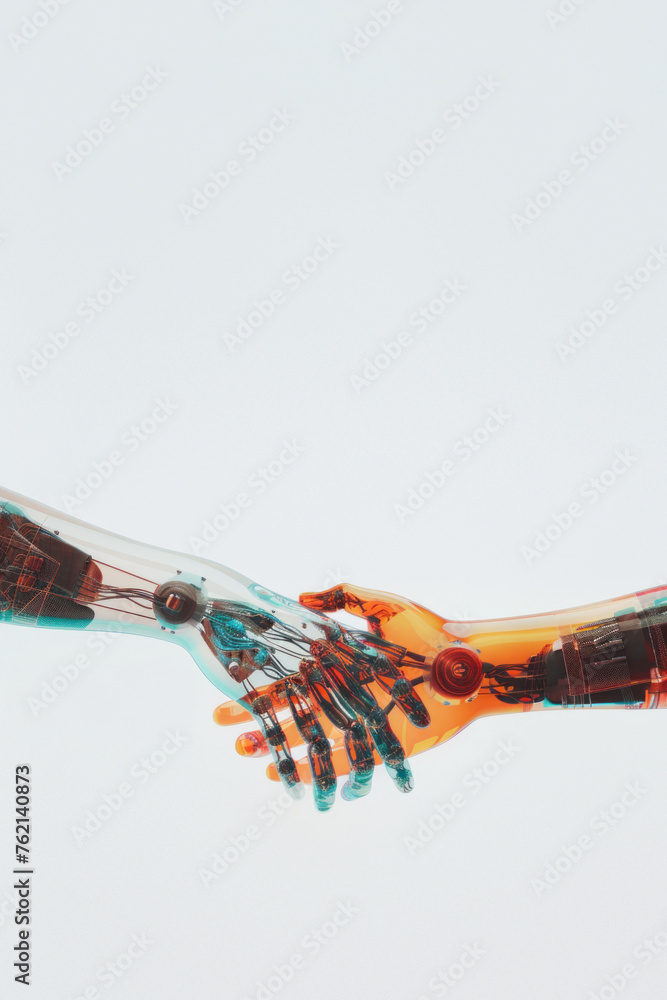 Poster transparent robotic hands with visible orange circuitry handshake on a neutral background