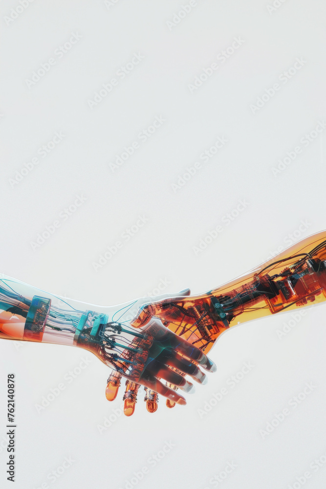 Poster robotic hands with a reflective surface and red circuit detailed handshake on a white background