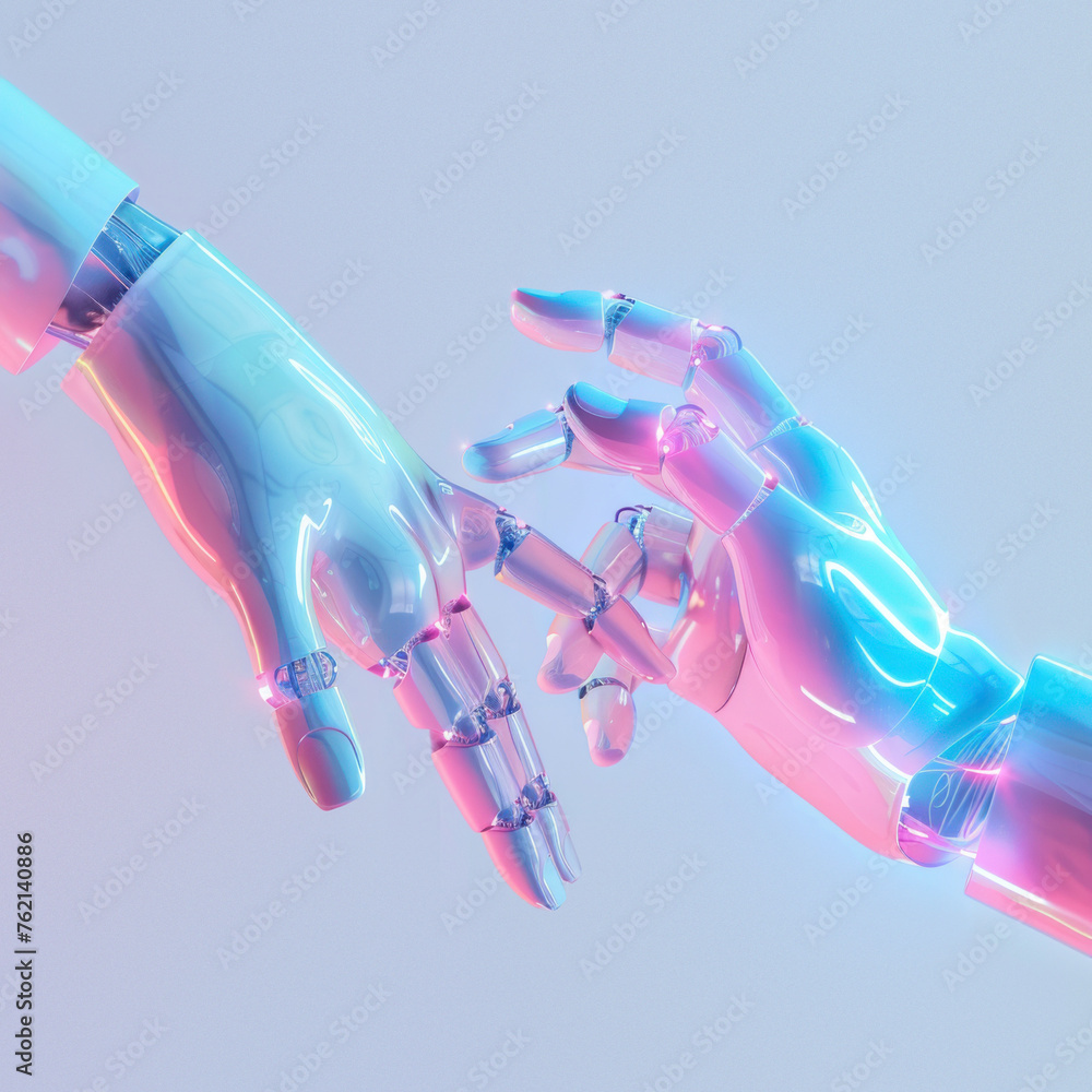 Poster serene image of two colorful robot hands reaching out to each other, portraying a human-like touch i