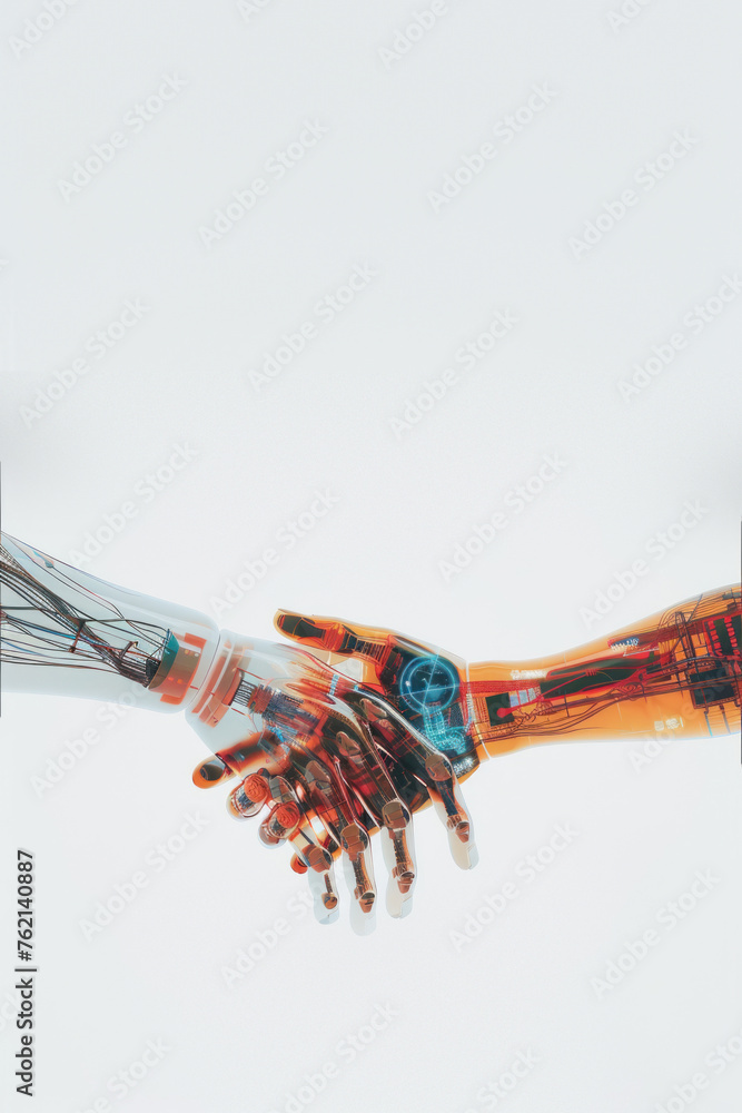Poster a conceptual image highlighting a handshake between a human and a robot, symbolizing ai and human co