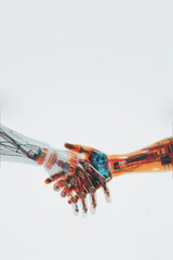 A conceptual image highlighting a handshake between a human and a robot, symbolizing AI and human collaboration