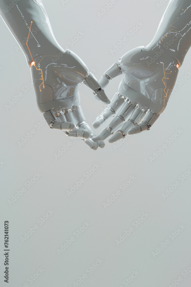 Poster a pair of robotic hands come together to form a heart shape, expressing concepts of love and connect
