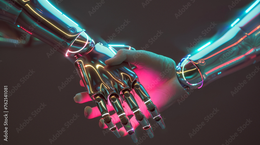 Poster two robotic hands with a neon glow touching each other, symbolizing connection and technology