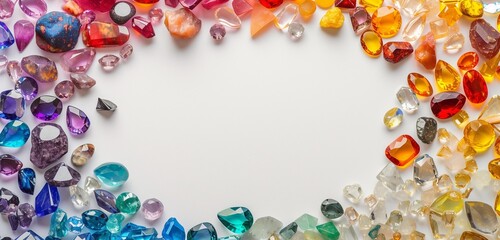 Colorful gems arranged in circle over white background, abstract background