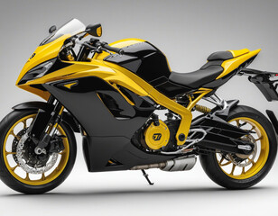 Futuristic yellow and black sports motorcycle on isolated clear background