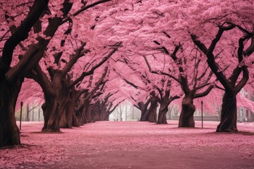 Picturesque Park pink trees bench. Road color season. Generate Ai