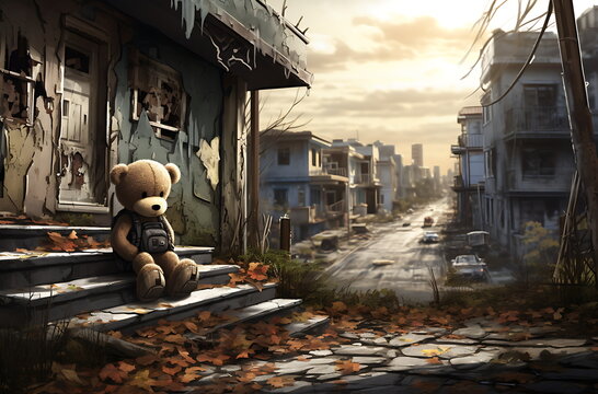 a brown teddy bear sits in a ruin, generative ai