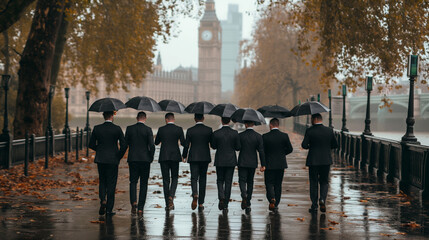 A group of men in suits on the banks of the Thames, London. - obrazy, fototapety, plakaty