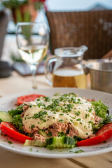 Tuna Fish Salad with Lettuce, Cherry Tomatoes, Cucumber and Corn.