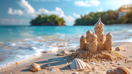 Fototapeta na wymiar Sand castle on the sea or ocean shore against a background of blue sky and sunny weather
