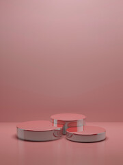 Abstract pink scene with three round pink polish glossy cylinder podiums as mockup. Template for presentation cosmetic products, goods, advertising, design, sale, display, showing in fashion style.