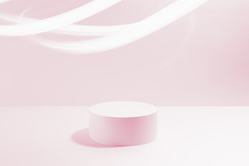 Abstract scene - one round pink podium for cosmetic products mockup, with curve neon glowing trails on pink background. For presentation skin care products, gifts, advertising in minimal style.
