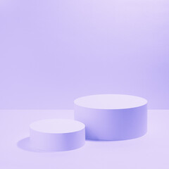 Set of two round pedestals for cosmetic products mockup in pink violet vr neon light. Stage for presentation skin care products, gifts, goods, advertising, design, showing, sale in cyberpunk style.