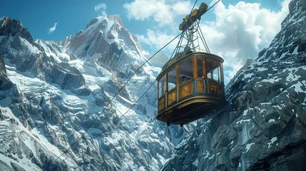 Fotobehang An antique cable car ascending a steep mountain slope, its wooden interior and brass fittings transporting passengers through the scenic alpine landscape as it climbs toward the summit. © AQ Arts