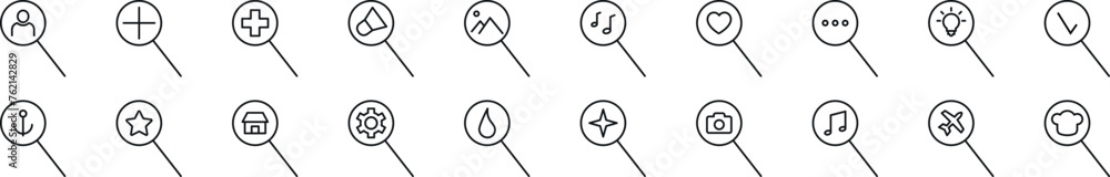 Aufkleber bundle of linear symbols of items in magnifying glass. editable stroke. linear symbol for web sites,