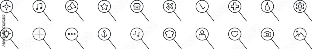 Poster set of thin line icons of items in magnifying glass. editable stroke. simple linear illustration for